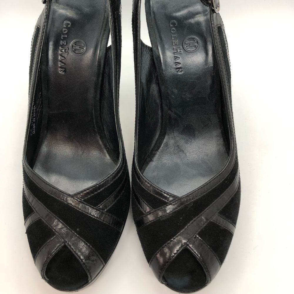 Peep Toe Leather / Suede Sling Back Pumps Sz 6.5